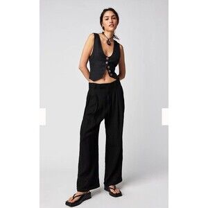 Free People LYLA 100% Linen Trousers 12 Wide Leg Pleated Pintuck Capsule NWT